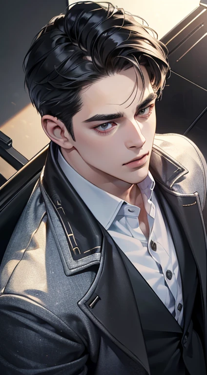 (best quality, masterpiece, 8K, photorealistic, cinematic lighting, 1:4 hdr image, top view, ultra detailed, beautiful image), a mature man, very handsome, short black hair, black eyes, perfect face without errors , ((buttoning his jacket, CEO))