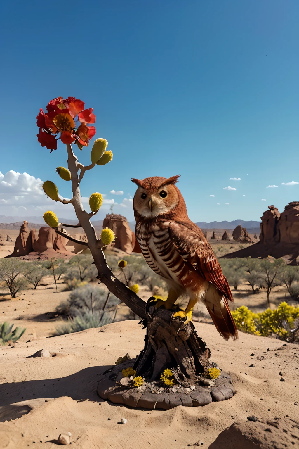 A red owl, perched on a tree branch with yellow flowers, in a barren desert landscape, with spiky cacti and scorching rocks all around, under a scorching sky, evoking a sense of loneliness and survival, Sculpture, modeled clay, --air 16:9 --v