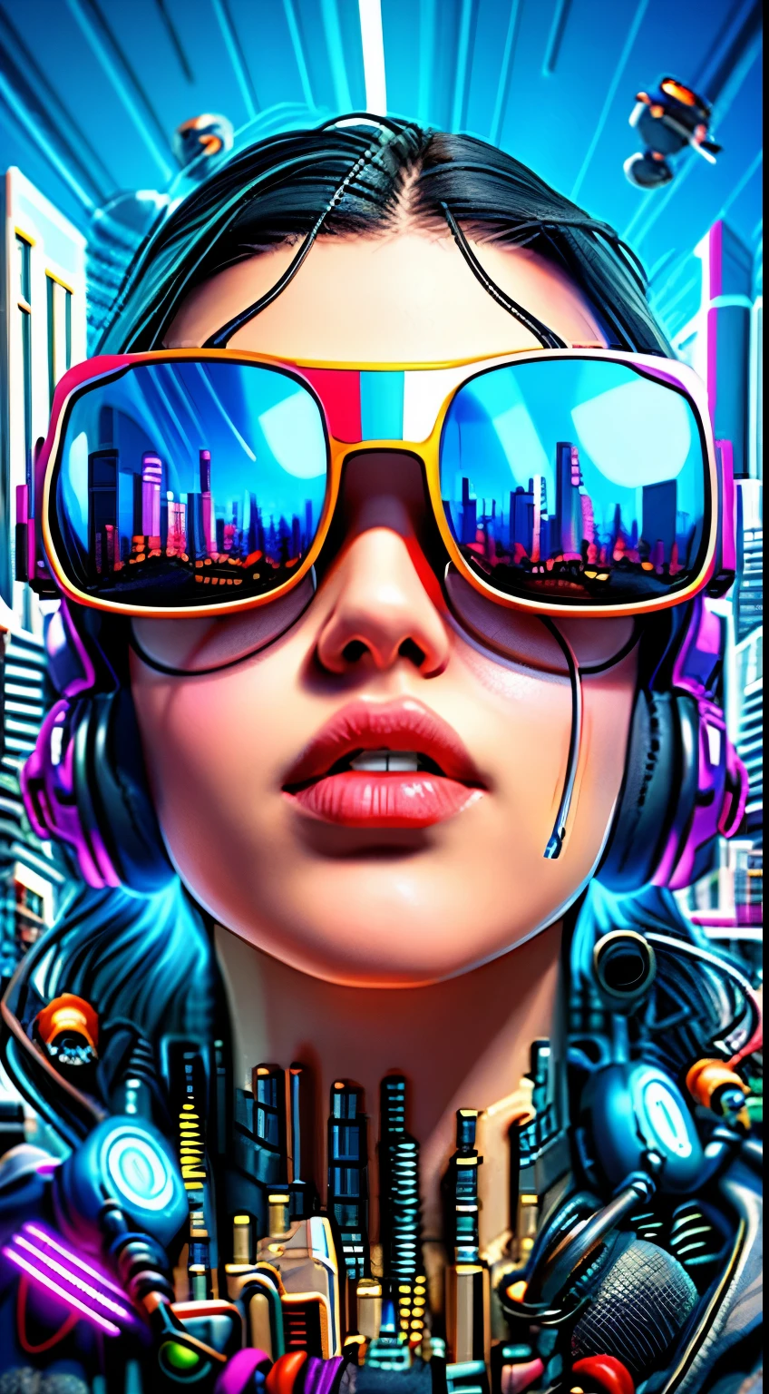 A woman with headphones and sunglasses in a futuristic city, estilo de arte cyberpunk, estilo de arte futurista, cyberpunk vibes, arte ciberpunk, cyberpunk cores vibrantes, arte com tema cyberpunk, Advanced digital cyberpunk art, estilo de arte cyberpunk, arte 3d digital 4k, sombreamento futurista, mas colorido, Arte futurista, It's not cyberpunk style, cyberpunk illustration, beeple-style hybrid mix, Arte Digital 4K, brasileira.