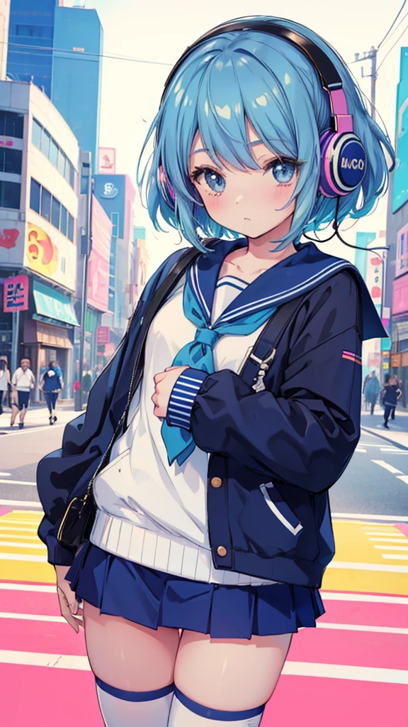 90s City Pop Art、City pop style、sketch style、lofi girl、Beautiful high school girl、8 headodel、Navy blue sailor uniform、White sweater、mini skirt、Knee-high socks、Walking around Harajuku、Headphones 1.2、Listening to music、big eye、whole body、1 person、Cowboy Shot