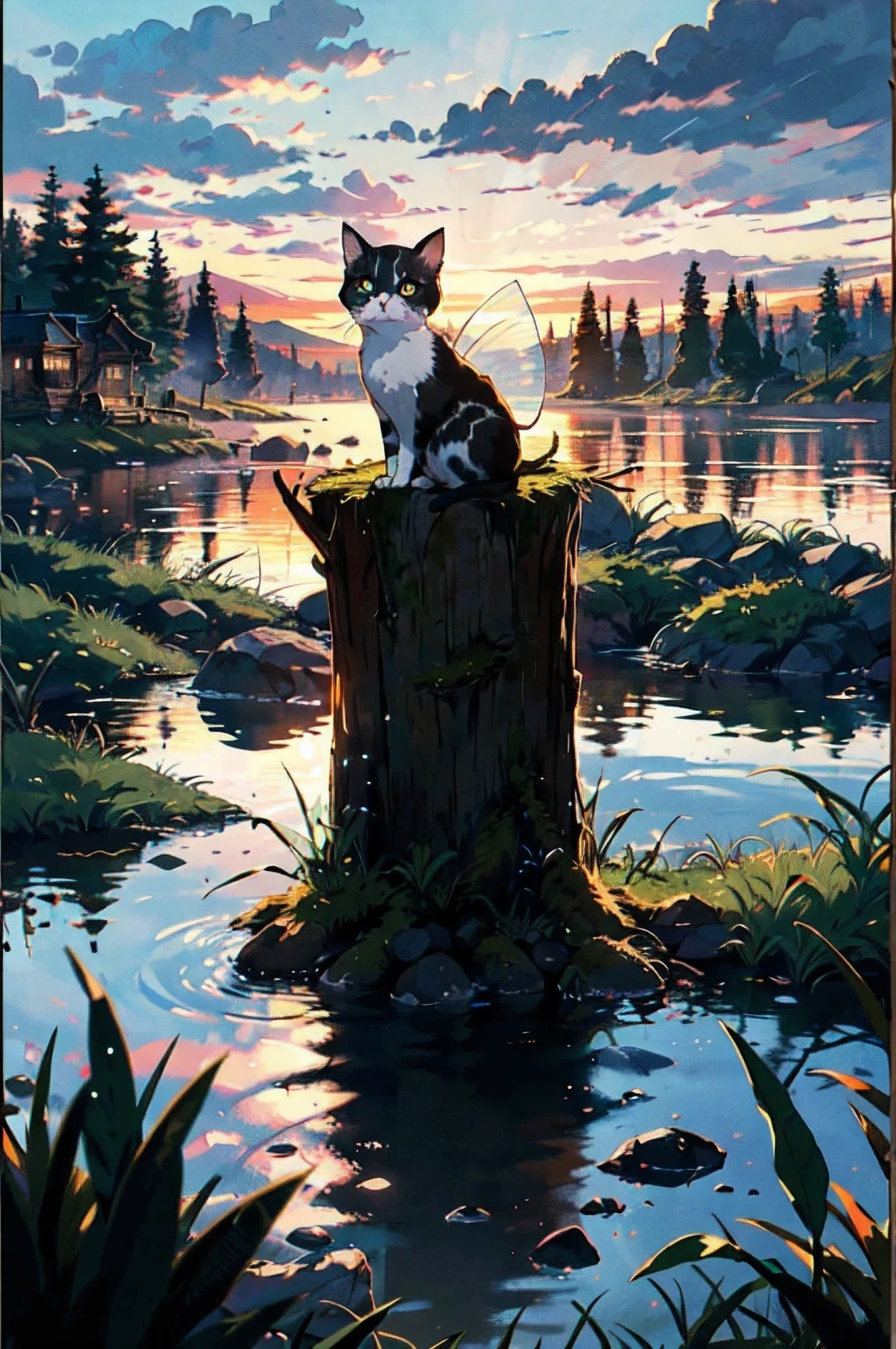 small orange color black eyed cute fairy kitten sitting in a basket kept above a log table facing camera
BREAK (masterpiece, best quality:1.2),cute fairy kitten, shining eyes,  log house, log table, four legged table, outdoors, nature, pines, grass, tall grass, detailed grass, plants, day, clouds, sunset, sky, moody light, f/5.6, canon 70-200mm,