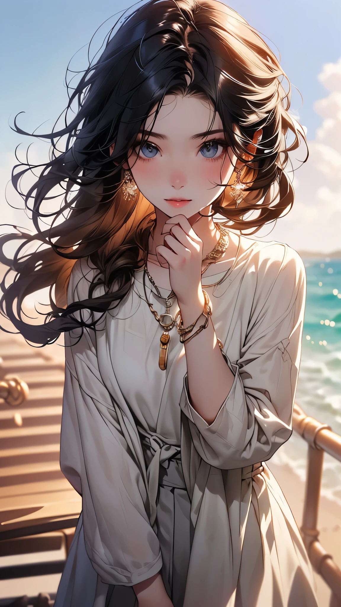((Biologically correct limb count))、((Full Body Shot, Full-body photo including face))、4K、masterpiece、((Focus on the face))、((Symmetrical facial features))、Eyes of meticulous depiction、Beautiful woman、Excellent style、Beautiful feet、(High heels)、Facial detailing、Small earrings、necklace、((Close-up photo of the upper body))、(Upper body T-shirt、Box Pleated Cart)、Strong sunlight、Scene of walking on the beach、Holding down your hair、