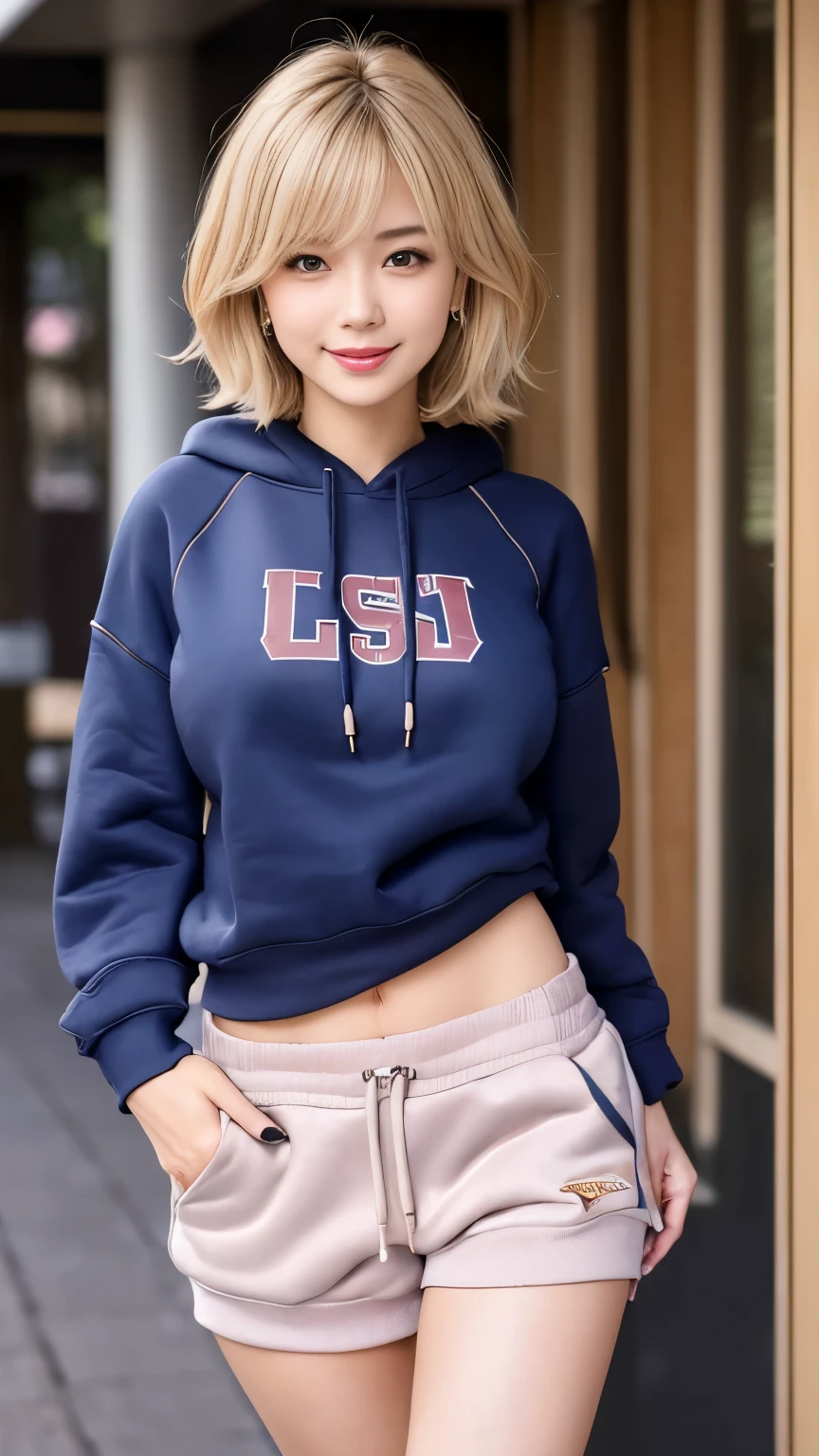 セクシーなBig Breasts、Sexy cute looks and cute 15 year old beautiful girl, Beautiful and sexy face、A strong wind blows my hair in front of my face、A short-haired blonde with cute, Sexy eyes hidden by long bangs.、cuteリボン、Tabletop, highest quality, shape, Very detailed, In detail, High resolution, 8k wallpaper, Perfect dynamic composition, Beautiful details, Blonde Short Hair,Huge breasts, Natural color lip, Bold sexy pose,smile,cute、sexy shot looking at camera,lift、(Woman wearing a thin sweatshirt、Sweatshirt that reaches to the crotch:1.8)、(Shorts、High Leg:1.8)、(Big Breasts、belly button、Waistline:1.3)、(smile、plump lower lip、Pink Lips:1.3),(Accentuate your thighs:1.4)、