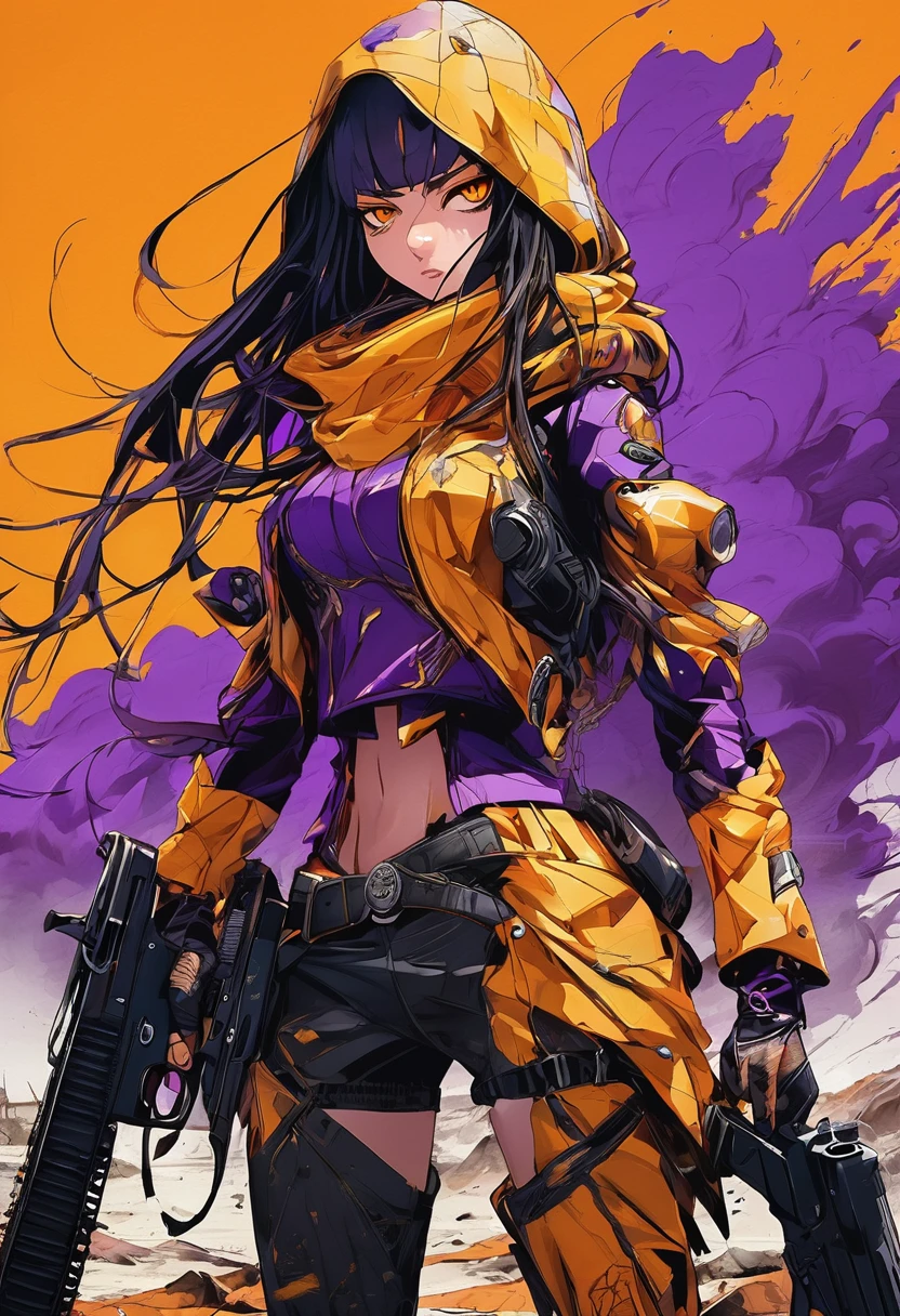 dark and torn, ****ung beautiful muscular body, fierce expression, holding a gun, (colors on her clothes, warm, orange, yellow, violet:1.3), standing on a desolate wasteland, dramatic lighting, intense shadows, sandy texture, tall contrast, vibrant colors, dynamic pose, powerful stance, rugged background, explosive atmosphere, dystopian theme, surreal elements, digitally painted illustration, HD resolution, intricate details, dramatic composition, avant-garde and chaotic brush strokes, gothic style, intense emotions, epic scale, raw and gritty feel, captivating and provocative artwork.