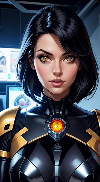 1girl, 25 years old, robot girl, solo, upper body, golden eyes, looking at viewer, electronic implants, parted lips, raven black hair