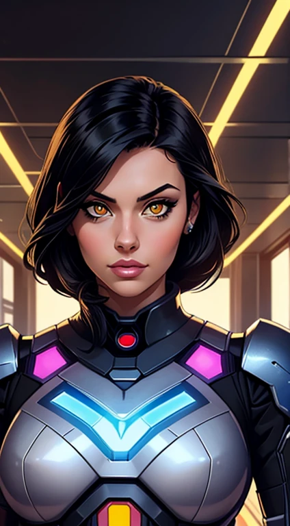 1girl, 25 years old, robot girl, solo, upper body, golden eyes, looking at viewer, electronic implants, parted lips, raven black hair