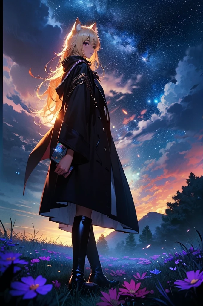 1 female,Cat ear，Blonde long hair，  silhouette， Knee-high boots，Long coat,High resolution,universe，Starry Sky，Flower Field，(Unbelievably absurd),Anime Visual,Highly detailed CG Unity 8k wallpaper, ((masterpiece)), ((highest quality)), (Beautiful illustrations), ((Very delicate and beautiful))