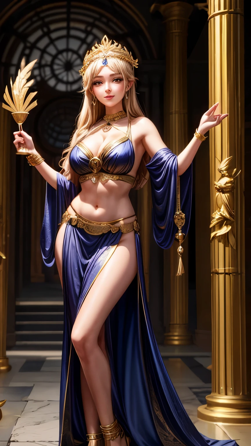 "Generate an image of a seductive Athena, the goddess of wisdom, portrayed as a sultry temptress with flowing golden hair, wearing a revealing toga that drapes sensually over her curves. She should have a mischievous smile, holding a goblet of wine in one hand and a feathered fan in the other. The background should be a luxurious Greek palace with flickering torches casting shadows."