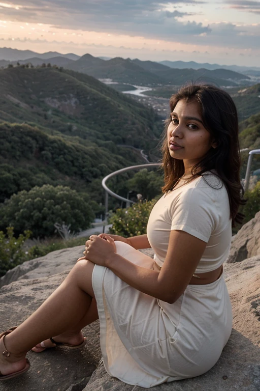 A beautiful fat Indian woman, wearing a ungu dress, sitting on a mountain, watching the sunset, birds in the sky