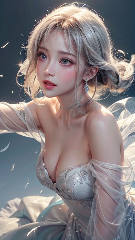 ((best quality)), ((masterpiece)), (detailed), detailed skin, Sapphire Eyes, Long Peach hair with thick waves, white silk dress, fluid dynamics, upper body nude, big bust, pink nipples, brilliant golden halo, creative, tangled, get caught in, High_Lips, (fractal art:1.1), (aquamarine), (peach hair), (orange hair), (pink hair), highest detailed, (zentangle:1.2), (dynamic pose), (abstract background:1.3), (earrings:1.4), (Shiny white skin), tiffany blue, gold, (Big breast), (better delicate eyes), (white dress), (model body), (upper body naked nude), ((close-up face)), happiness, (bright blue eyes), starry, Blue eyes, Ultra-realistic and vivid textures, hard curly, Lovely, starry, in water, in ocean.