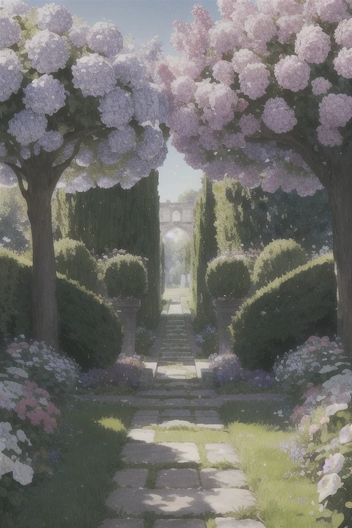 English garden. An English garden with roses, lavanda, and other classic flowers. The garden should have a romantic and charming look, com caminhos sinuosos e arcos cobertos de videiras. Plants should be arranged in such a way as to create a sense of balance and harmony, with symmetrical shapes and carefully chosen color schemes.