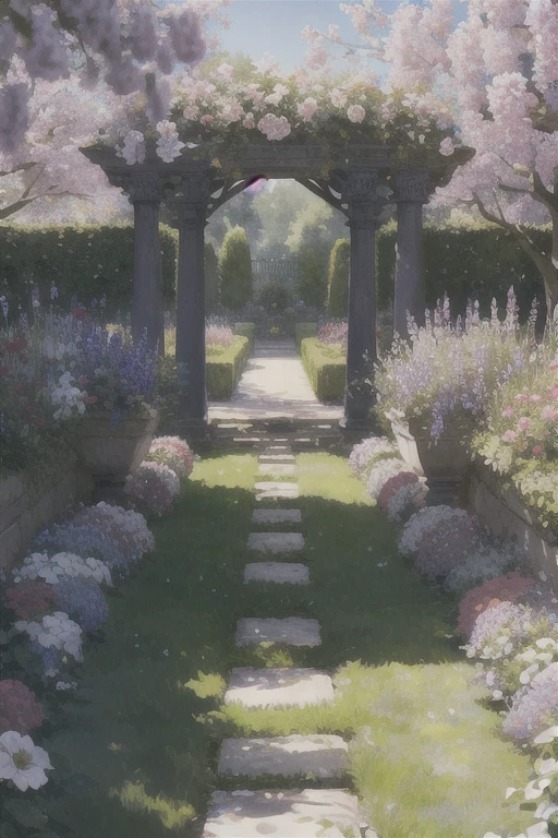 English garden. An English garden with roses, lavanda, and other classic flowers. The garden should have a romantic and charming look, com caminhos sinuosos e arcos cobertos de videiras. Plants should be arranged in such a way as to create a sense of balance and harmony, with symmetrical shapes and carefully chosen color schemes.