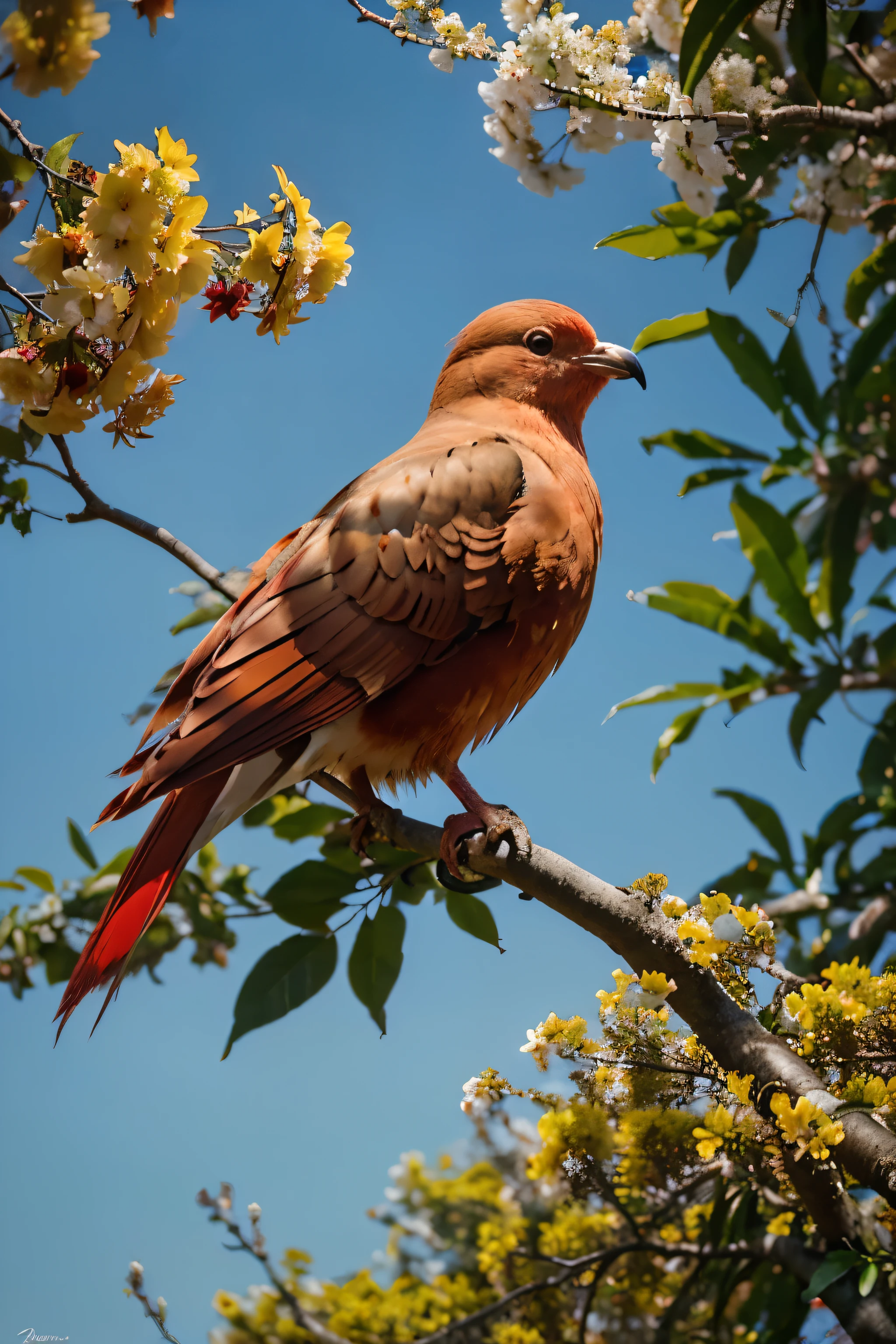 A red dove, perched on a tree branch with yellow flowers, its wings open in a gesture of peace and serenity, its feathers reflecting the light of the afternoon sun, conveying calm and hope, Painting, oil on canvas, --ar 16 :9 --v 5