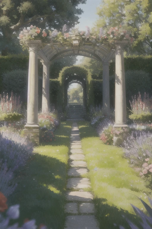 English Garden. An English garden with roses, lavender, and other classic flowers. The garden should have a romantic and charming look, with winding paths and arches covered in vines. The plants should be arranged in a way that creates a sense of balance and harmony, with symmetrical shapes and carefully chosen color schemes.