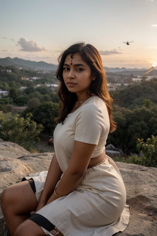 A beautiful fat Indian woman, wearing a ungu dress, sitting on a mountain, watching the sunset, birds in the sky