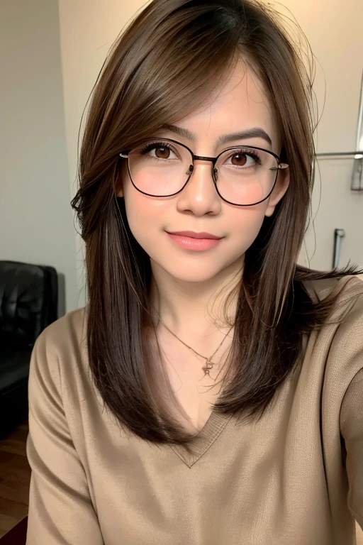 (8k, RAW photo, best quality, masterpiece:1.2), (realistic, photo-realistic:1.37),  chikajkt48, ((pureerosface_v1:0.4)),1girl, (glasses:1.4), selfie, brown_eyes, brown_hair, (short hair:1.6), open mouth, lips, long_hair, looking_at_viewer, realistic, smile, solo,