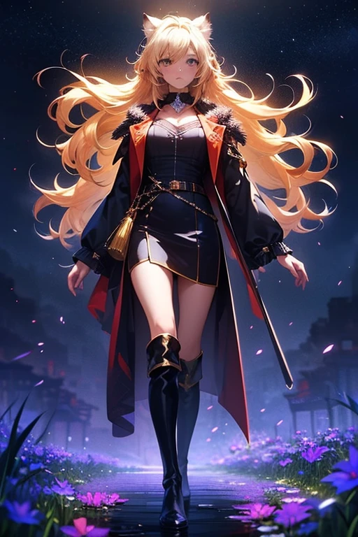 1 female,Cat ear，Blonde long hair，  silhouette， Knee-high boots，Long coat,High resolution,universe，Starry Sky，Flower Field，(Unbelievably absurd),Anime Visual,Highly detailed CG Unity 8k wallpaper, ((masterpiece)), ((highest quality)), (Beautiful illustrations), ((Very delicate and beautiful))
