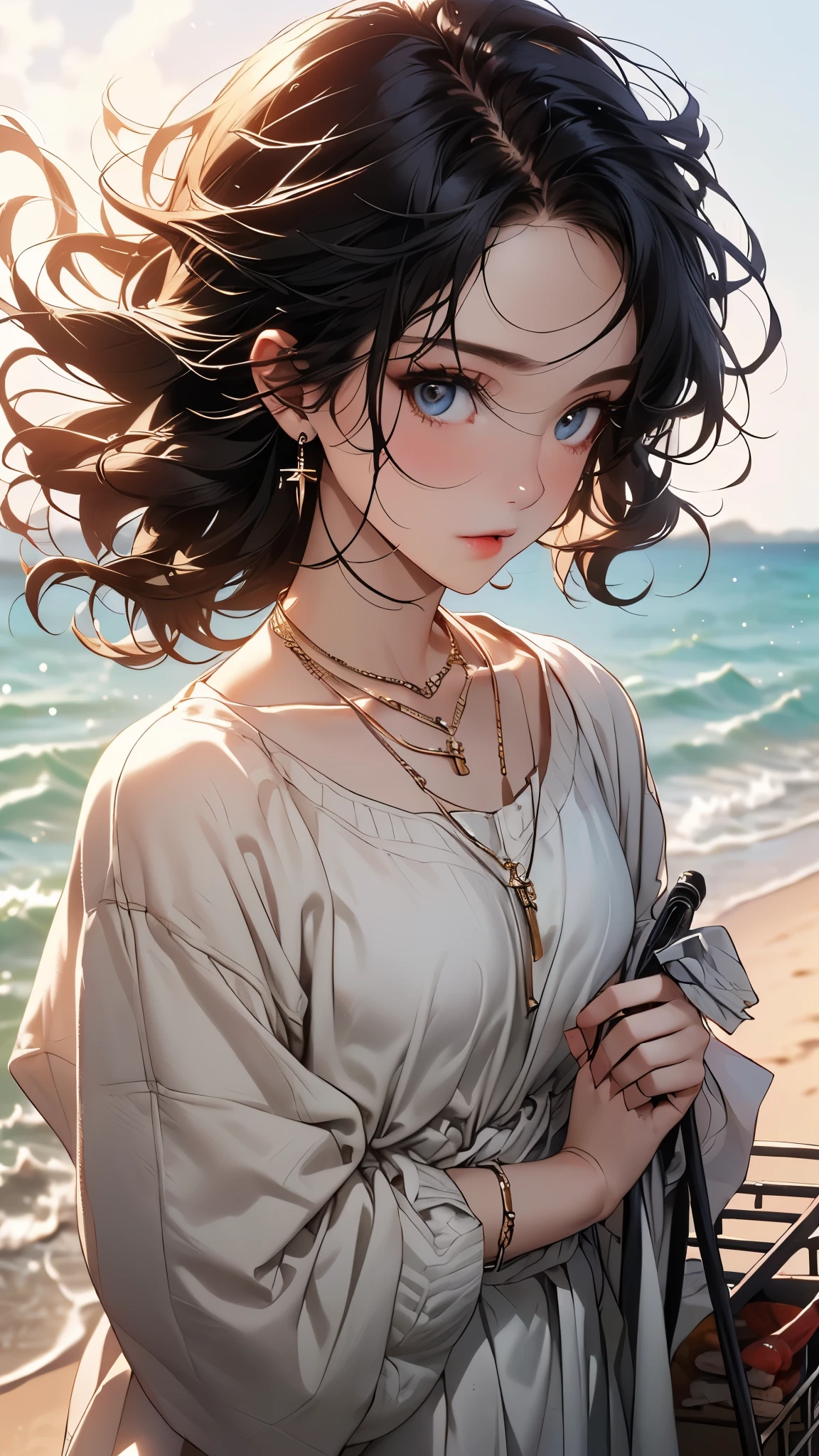 ((Biologically correct limb count))、((Full Body Shot, Full-body photo including face))、4K、masterpiece、((Focus on the face))、((Symmetrical facial features))、Eyes of meticulous depiction、Beautiful woman、Excellent style、Beautiful feet、(High heels)、Facial detailing、Small earrings、necklace、((Close-up photo of the upper body))、(Upper body T-shirt、Box Pleated Cart)、Strong sunlight、Scene of walking on the beach、Holding down your hair、