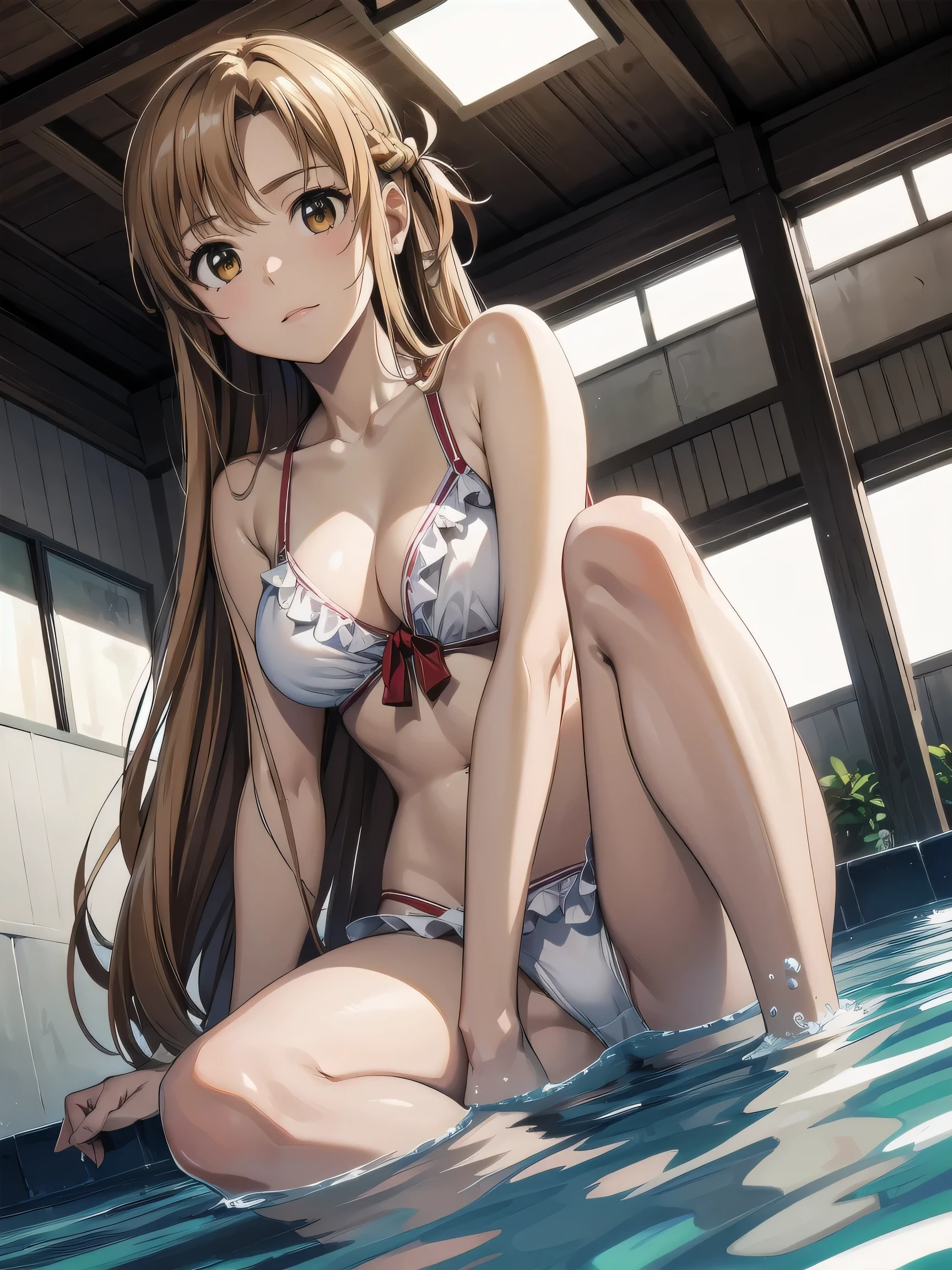 (Realistic, photo Realistic:1.2), ((highest quality)), Shift the center of gravity backwards, Quite embarrassing, aaasuna, long hair, brown hair, braid, brown eyes, (White bikini, red frill), Beautiful facial details, Real human skin, Gentle expression, Front view, angle From below, Realistic, photo Realistic, whole body, sitting on ground, knees raised, pool, (wind:1.2)
