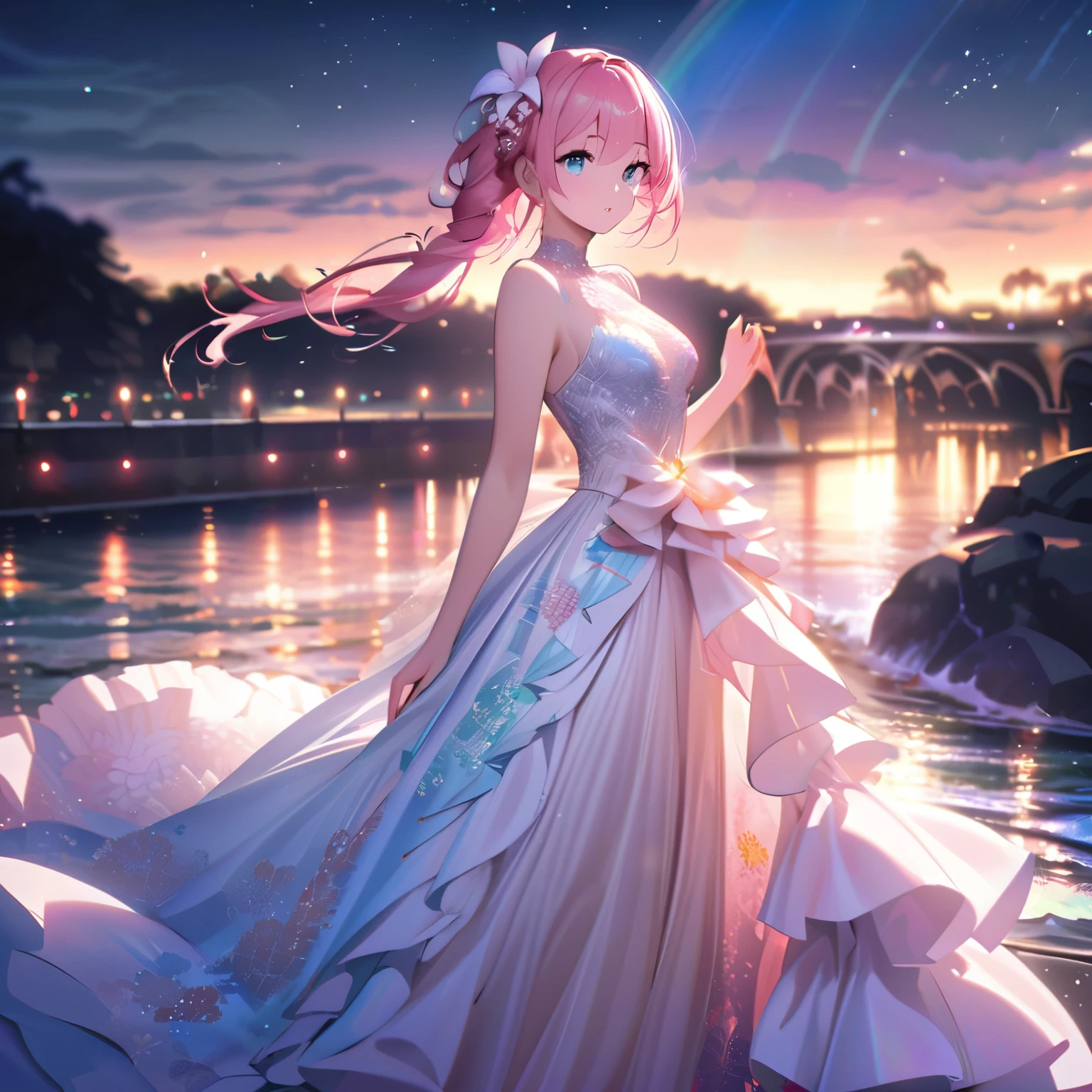 ``A beautiful woman with long pink hair and beautiful eyes wearing an elegant and detailed hawaiian dress.The dress must have intricate designs and patterns to give it a luxurious and luxurious feel.In the background , the image should depict a romantic Hawaiian beach at night with light reflecting off the water and an illuminated bridge across the scene, emphasizing the sparkling effects and rainbows throughout the image. Enhance your look and add special ruffles to your dress to make it stand out.”