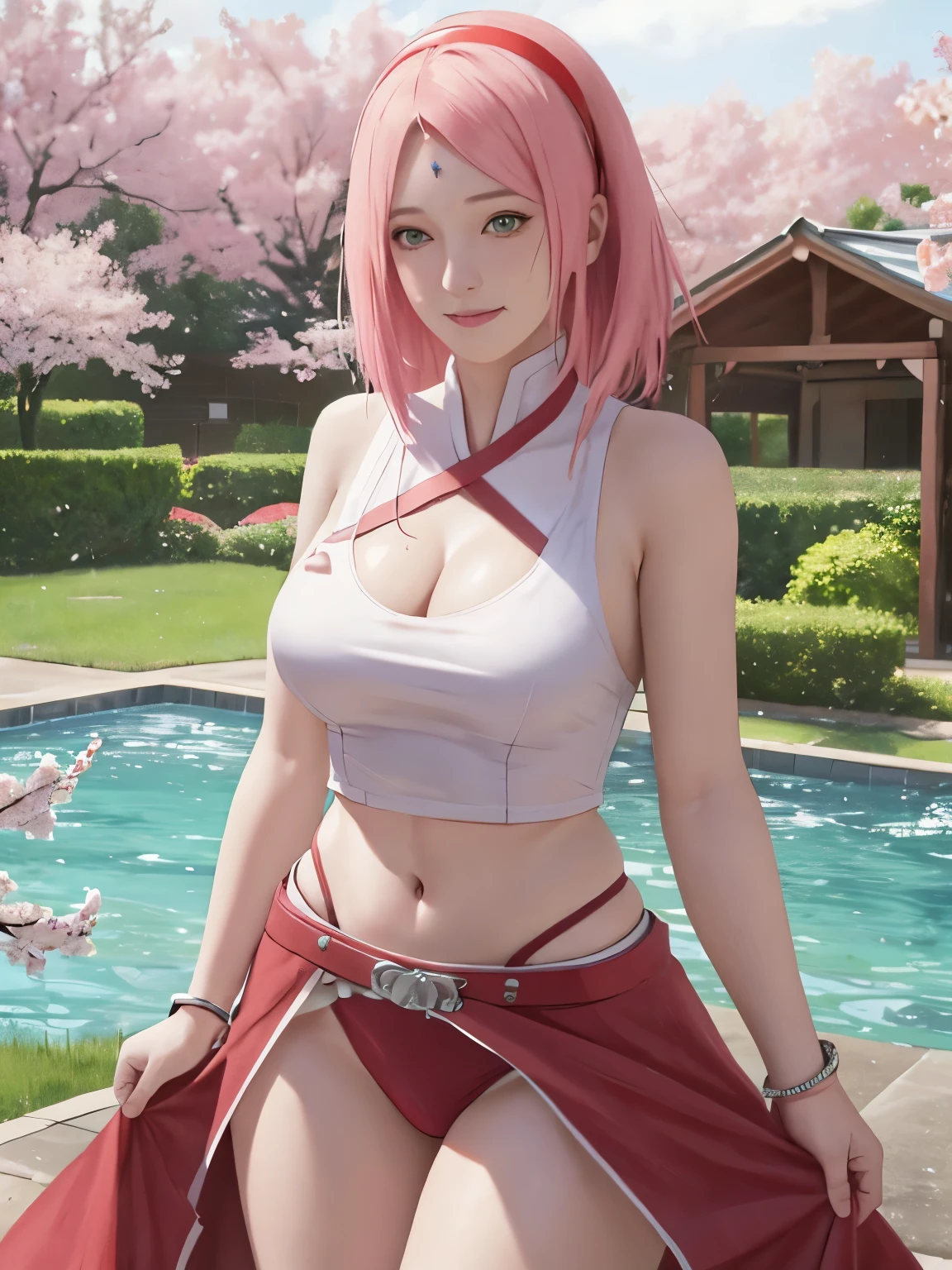 Realistic, Photorealistic,Cowboy shot,Masterpiece, absurdress ,1girl, haruno sakura, forehead mark, red hairband, red sleeveless dress,black panties, wet skin, bellybutton, groin, A bracelet, looking a viewer, Smile, cherry blossoms, Private garden, the wind, Floating hair, big breastes ,(((wide hips))), Toned body, Detailed eyes,