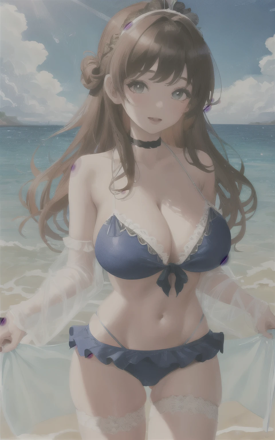 A 6  girl with huge breasts, wearing a lacy bikini swimming costume, on the beach, holding a man's penis in her hand, wearing a swim ring
((best quality)), ((masterpiece)), (detailed), Perfect face