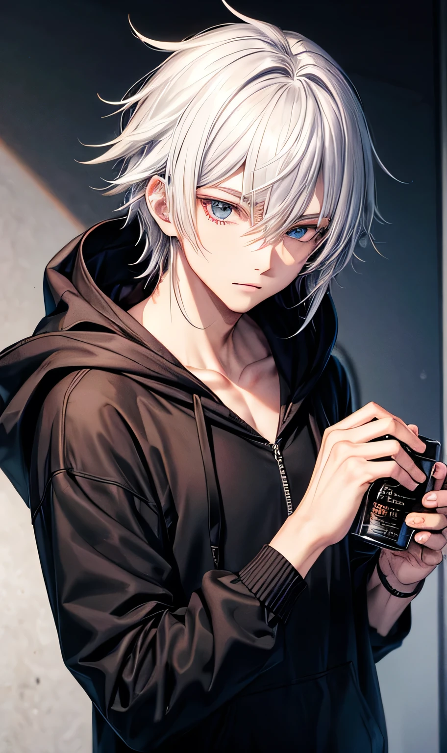 male,Silver Hair,Visual Kei,Handsome,Black hoodie,Wearing a hood