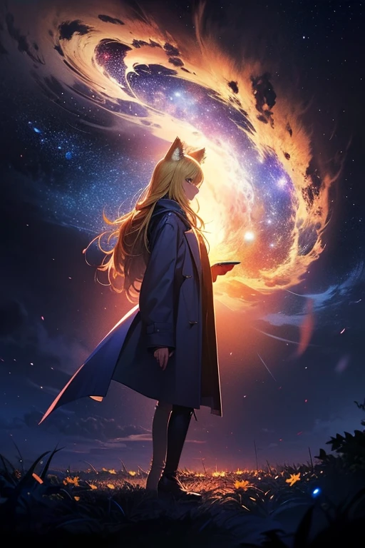 1 female,Cat ear，Blonde long hair，  silhouette， Knee-high boots，Long coat,High resolution,universe，Starry Sky，Flower Field，(Unbelievably absurd),Anime Visual,Highly detailed CG Unity 8k wallpaper, ((masterpiece)), ((highest quality)), (Beautiful illustrations), ((Very delicate and beautiful))