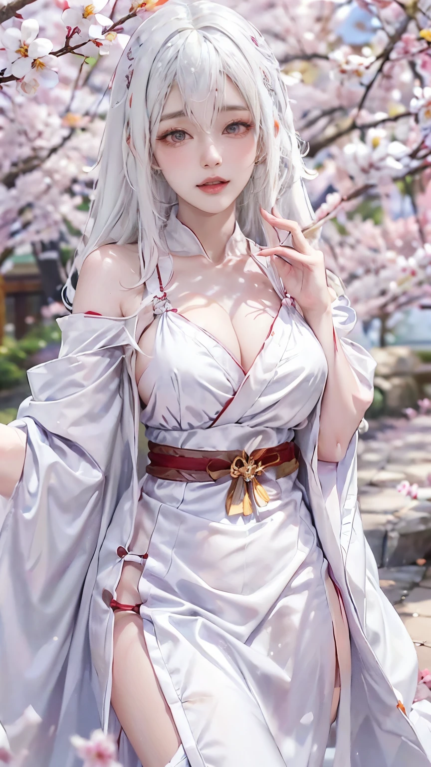 ((Styled white hair:1.5))(美しいMiko costumeを着た巫女:1.3),(Miko costume:Independent long sleeve、Exposing shoulders、I can see her cleavage) Symmetric, (highest quality, Realistic:1.4, RAW Photos:1.2, Cinematic Light, Highly detailed illustration), (1woman:1.3, alone), (Asian 25 year old girl, Very delicate face, Super beautiful face, Very delicate eyes, Highly detailed nose, Very sophisticated mouth, Highly detailed facial features, 輝くskin), woman, (large breasts), skin, Lip gloss, Laughter, Full Body View, High resolution, High resolution, 8k, Masterpiece 2:1,（ Shrines in Kyoto、cherry tree,Scattering cherry blossoms）cleavage cutout,ruanyi0007、CuteGirl
