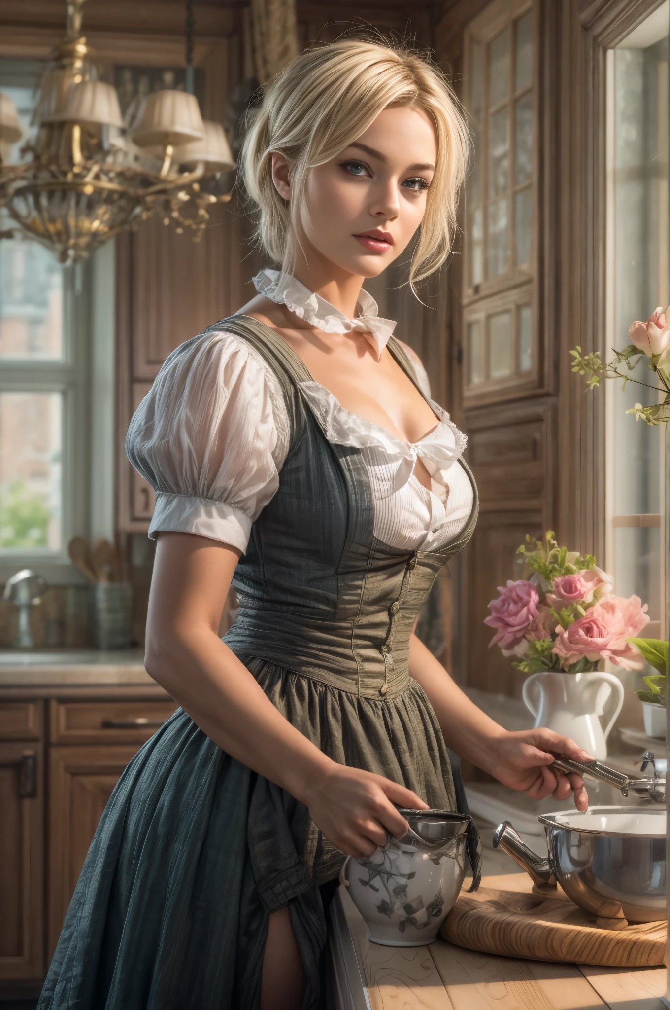 cute blond german maid full body photography,  photorealistic modern, in the style of ,  Artstation Deviant art Pinterest Cgsociety Behance Pixiv,  sunlight, ((victorian maid outfit)), very huge , cleavage, thick tighs, kitchen background, young face, smooth and pale skin, slender slim body, medium breasts, (marylin monroe haircut), blue eyes,  intricate scenery HDR post-processing 16k cinematic fine details very detailed trending on artstation