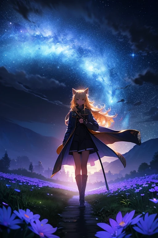 1 female,Cat ear，Blonde long hair，  silhouette， Knee-high boots，Long coat,High resolution,universe，Starry Sky，Flower Field，(Unbelievably absurd),Anime Visual,Highly detailed CG Unity 8k wallpaper, ((masterpiece)), ((highest quality)), (Beautiful illustrations), ((Very delicate and beautiful))