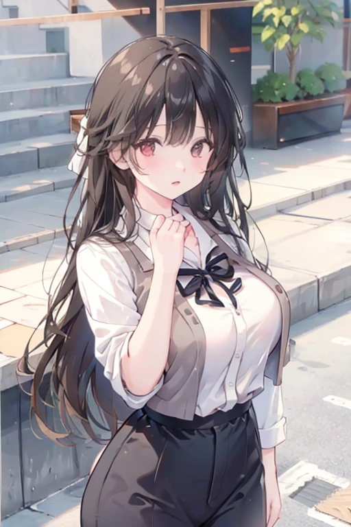student, Italian features, 25 years old, very long black hair, busty,