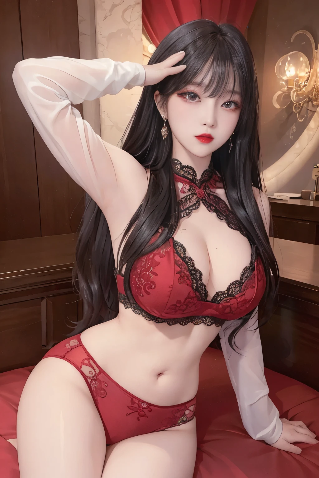 Top image quality、Raw photography、A high resolution、20-year-old cool Korean、big round chest、sexy red lace underwear、Beautiful Eyes of Details、very elongated eyes、Beautiful eyelashes、Beautiful double eyelids、eyeshadows、long legs,medium thighs, beautiful eyes finely detailed、elongated eyes、long eyeslashes、Beautiful double eyelids、eyeshadows、earrings、shiny skin、 1 girl, solo, sexy pose,