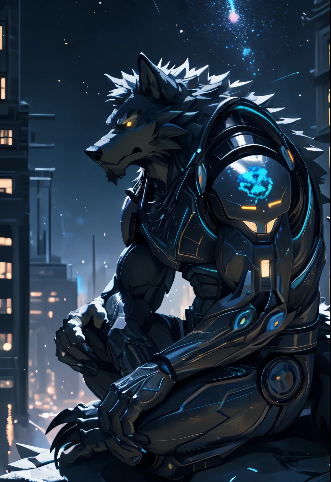 Solitary, Beast field, (Wolf), anthropology, male, ((black body)), scale, Tail, muscle, Handsome, Mecha, Future era, fantasy, outdoor, external, dark, night, City, sitting, Claws, epic, Depth of Field, Perfect lighting, (Light Particles),(best quality),(masterpiece),(ultra deTailed),Clear focus,Light Particles