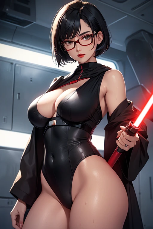 beautiful girl, 18 years old,Short hair, shoulder length,black hair, big breasts,wet, camel toe, red lips ,Wear glasses,
White underwear,
Starwars, jedi,sith, light saber,
