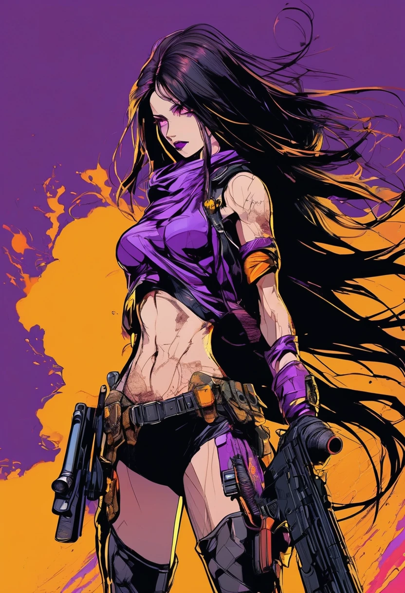 dark and torn, ****ung beautiful muscular body, fierce expression, holding a gun, (colors on her clothes, warm, orange, yellow, violet:1.3), standing on a desolate wasteland, dramatic lighting, intense shadows, sandy texture, tall contrast, vibrant colors, dynamic pose, powerful stance, rugged background, explosive atmosphere, dystopian theme, surreal elements, digitally painted illustration, HD resolution, intricate details, dramatic composition, avant-garde and chaotic brush strokes, gothic style, intense emotions, epic scale, raw and gritty feel, captivating and provocative artwork.