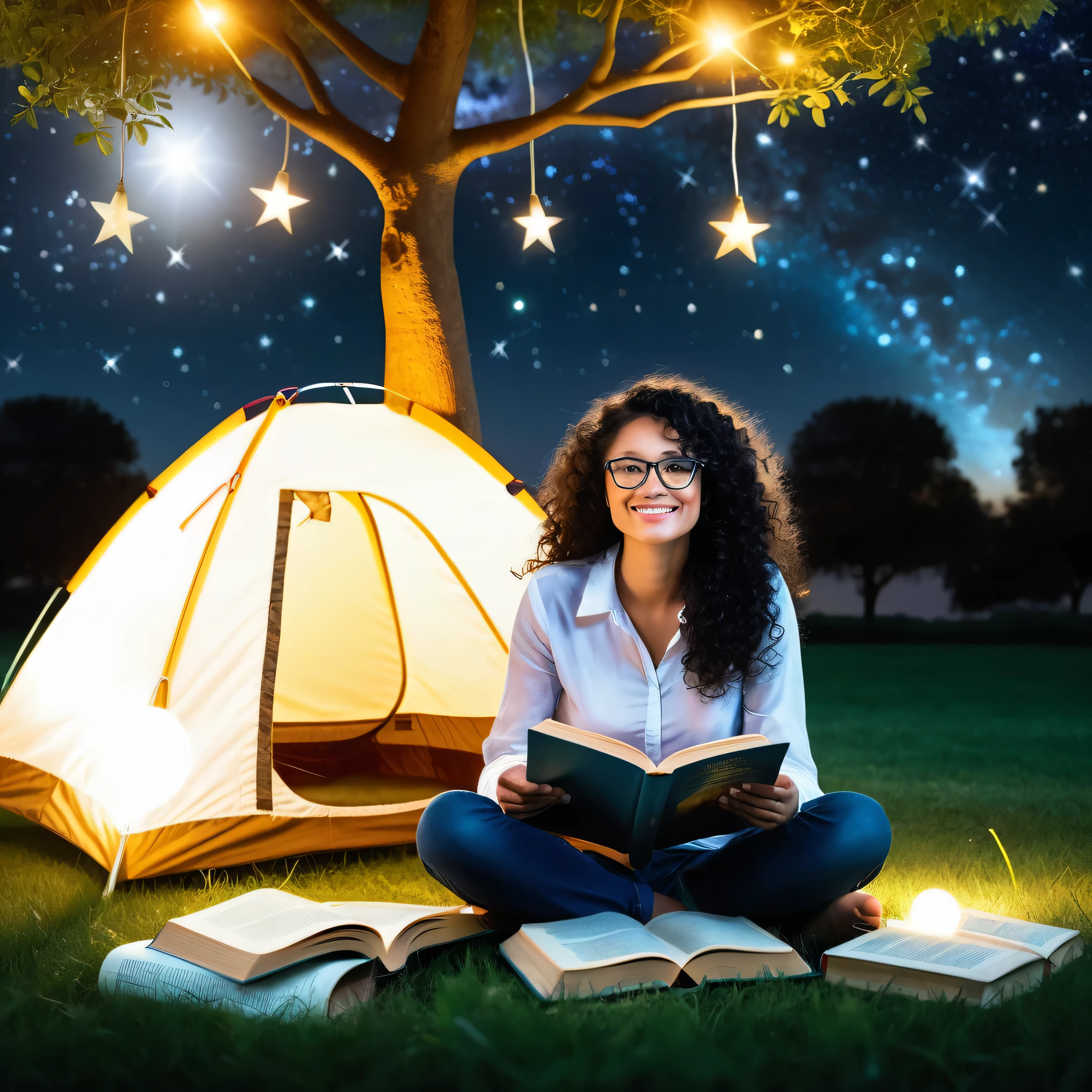 Young sits on the grass reading a book, long black curly hair, wearing glasses, delicate smile, bright brown eyes, looking up at the sky, lamp light, whole body, under a huge tree, farther view, a tent in the background, starry sky, illuminated night, photographic effect, super detailed, hyper realistic.
