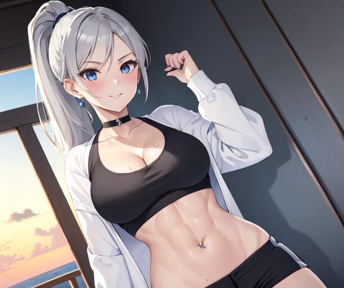 (((masterpiece))), ShizukaMikazuki, One Girl, alone, View your audience, Long Hair, Gray Hair, Long sleeve, Cleavage, Huge breasts,clavicle, Mature Body,Glamorous Body,Trained abdominal muscles,Make your face a little smaller,Make your breasts bigger,tall,Blushing,High Ponytail,Blouson, Open clothes, open Blouson, blue Blouson,nude,Black sports bra,Black hot pants, Play sports often, Choker with charm,Earrings,Belly piercing,blue eyes,sunset park,look at the camera,Sweat all over,Bring your face closer to the camera,Smile gently