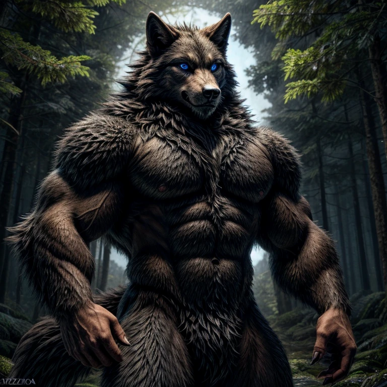 Make a furry werewolf with completely black fur plus realistic furry hands with blue pupils of a common wolf without glowing, com musculos super enormes bem detalhados e mais hot dentro de uma floresta a noite fazendo pose atrativa olhando para o espectador, totally now 