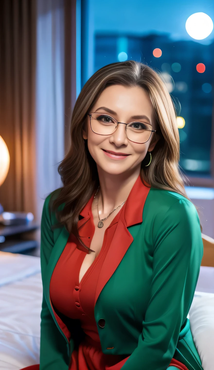 55-year-old woman with long gray hair, seductive gaze, green eyes, some wrinkles on her face, 8k, detailed background, utlra realistic, realism, exta realistic, wrinkles on body, hospital, red doctor suit, long skirt sitting on hospital bed, tattoo, evening time moonshine, SFW, red nurse clothes with high neckline, glasses, beautiful night full moon outside the window, showing full body, full body, big titts, round breasts, looking at viewer from below, light smile, teeth indoors,soft lighting, extreme detail, hdr, long hair