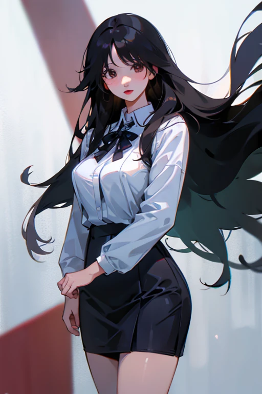 student, Italian features, 25 years old, very long black hair, busty,