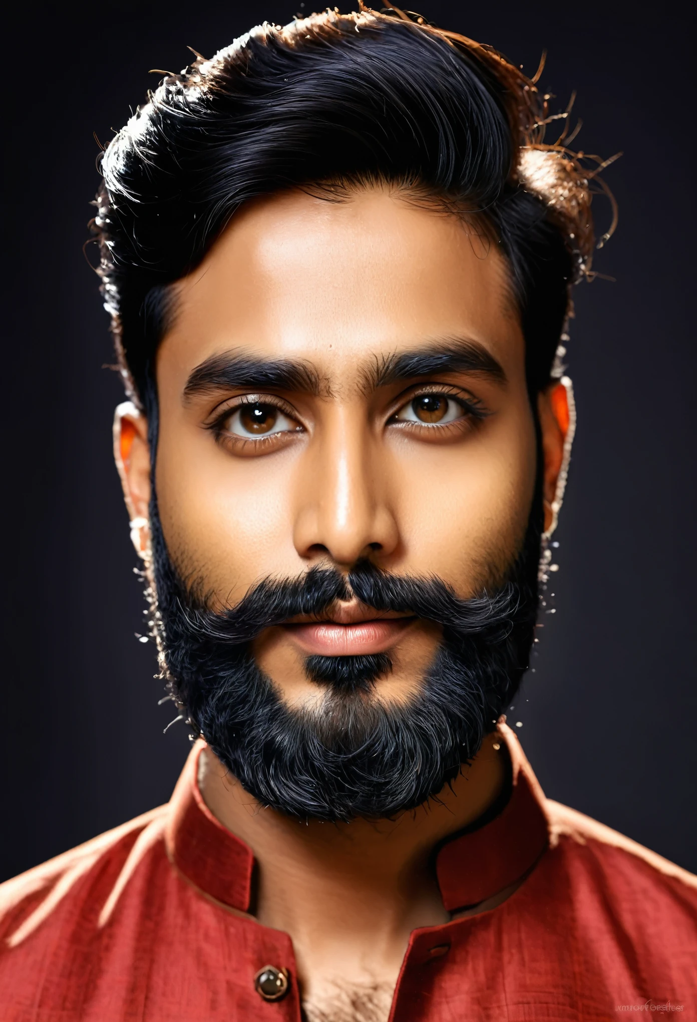 "Generate an ultra-realistic portrait of an Indian Bengali handsome bearded man. The portrait should depict the man in a close-up front-facing view with detailed sharp facial features. Ensure the following characteristics:
Bengali Characteristics: Reflect distinct Bengali traits, including skin tone, hair texture, and facial structure.
Sharp Facial Features: Highlight defined jawline, high cheekbones, and pronounced eyebrows for a striking appearance.
Beard Detail: Depict a well-groomed beard with individual hairs and natural growth patterns. Consider a style that complements Bengali aesthetics.
Eyes and Expression: Focus on expressive eyes and maintain a confident or neutral expression, adding depth to the portrait.
Lighting and Shadow: Use dramatic lighting to accentuate sharp facial features, creating depth and contrast. A balance of light and shadow for a three-dimensional effect is key.
Background: Keep the background simple, using a soft gradient or blurred effect to emphasize the subject's face.
Clothing and Accessories: Include traditional Bengali elements like a kurta or a subtle necklace, ensuring they do not overshadow the close-up details.
Create a portrait that meets these specifications, emphasizing the cultural nuances, sharp facial features, detailed beard, and ultra-realistic close-up characteristics."