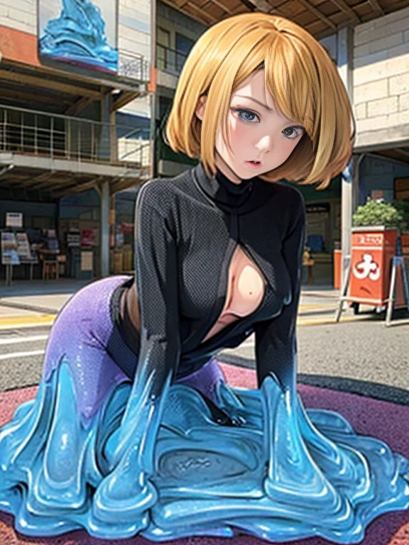 8k quality，masterpiece,best quality,(Japanese ),((beautiful girl)),cleveage,Shopping street,(Perfect body beauty:1.2),Black underwear exposed,Pantyhose，（Chest：1.4），sweater，Shopping,open your clothes,two women,Slime Shapeshifter，Get into the sewer，hands against wall