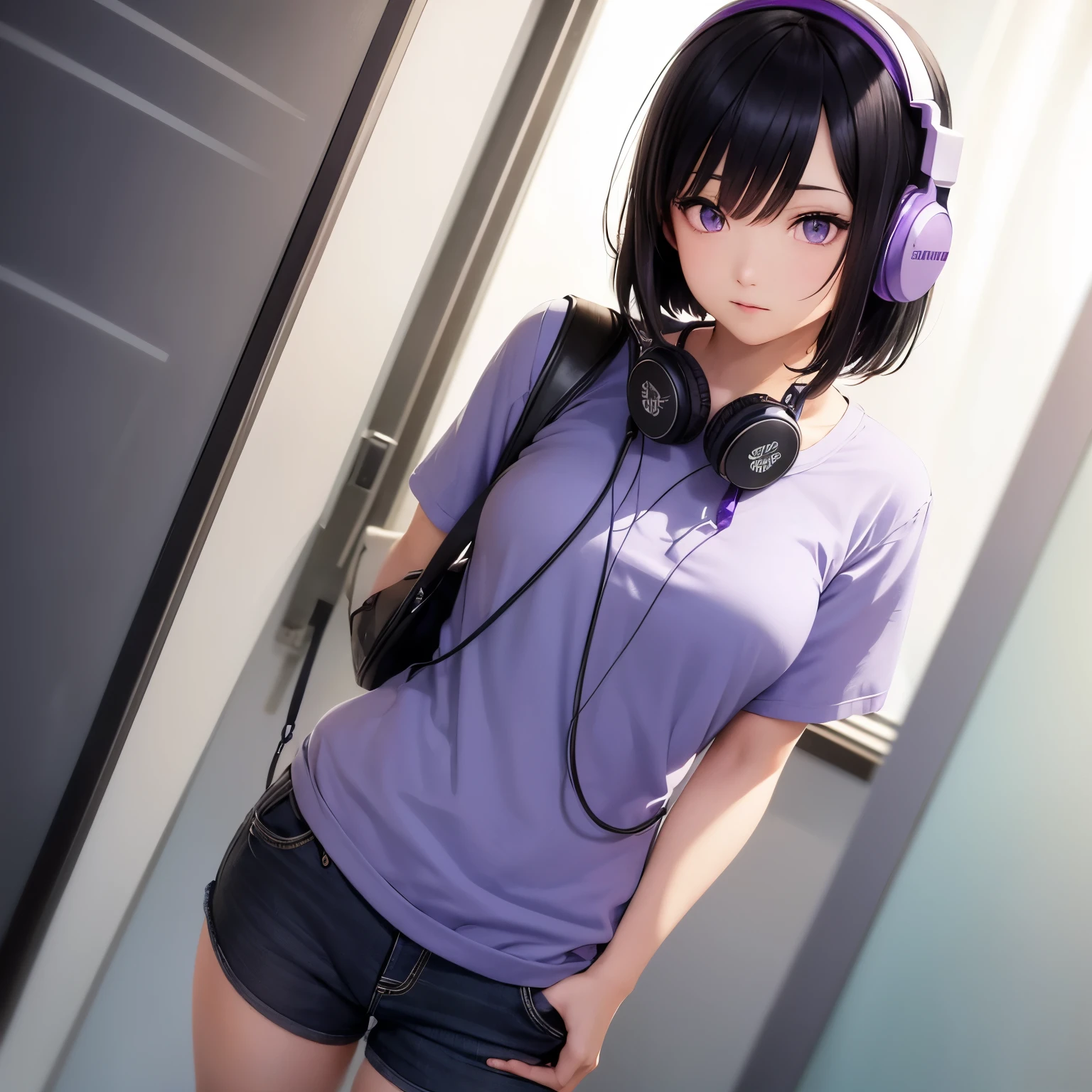 Black Hair，Straight Shortcut，Cool women，Slightly fished，Purple Eyes、Double、Standing facing straight ahead，Headphones hanging around neck，beautiful girl