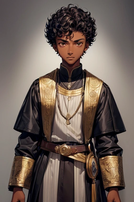 ((Boy)),((Man)),((masculine gender)),((16 year old teenager)),((young)),((dark brown skin color)),((short curly black hair Mandrake style)),((Average physical height of a 16 year old teenager)),((height 1.86 cm)),((Full physical body portrait)),((Wearing)),+,((a 14th century emperor's outfit))