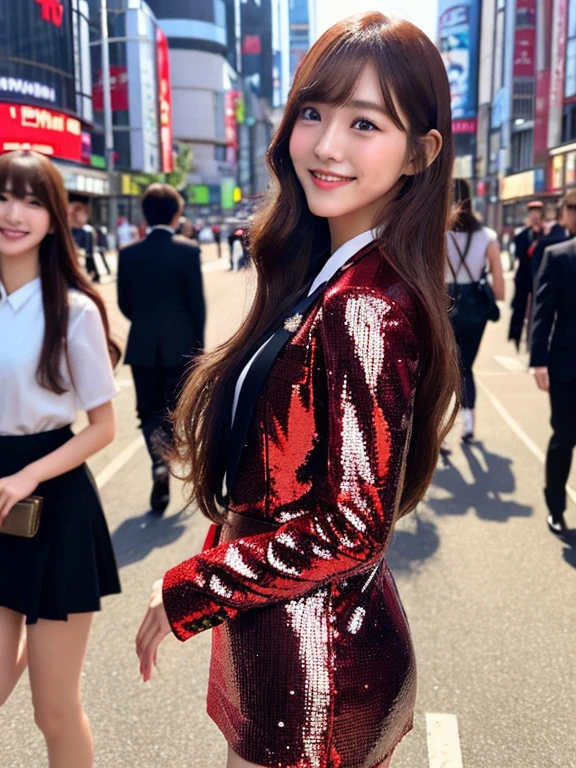Young and beautiful woman in Japan, Attractive person, Red sequin formal suit(Tight mini skirt)、Whole Body Ezbian, Really cute face, Double eyelids on both eyes, Natural Makeup, Long eyelashes, Shiny, smooth, light brown medium length hair, Asymmetrical bangs, Sunburned skin, Looking at the camera, Walking alone with a smile through a big city scramble intersection, Head Frame, Center image, Front view, 8k resolution, Attention to detail, Detailed hairstyle, Detailed face, Iris, Spectacular movie lighting, Octane Rendering, Vibrant, Ultra-realistic, Perfect limbs, Perfect Anatomy