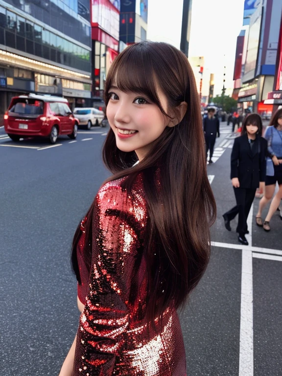 Young and beautiful woman in Japan,Angle from the front、 Charming person, Red sequin formal suit(Tight mini skirt)、Whole Body Ezbian, Really cute face, Double eyelids on both eyes, Natural Makeup, Long eyelashes, Shiny, Smooth, Light brown medium hair, Asymmetrical bangs, Sunburned skin, Looking at the camera, Walking alone with a smile through a big city's scramble intersection, Head Frame, Center image, Front view, 8k resolution, Attention to detail, Detailed hairstyle, Detailed face, iris, Great cinema lighting, Octane Rendering, Vibrant, Ultra-realistic, Perfect limbs, Perfect ???????