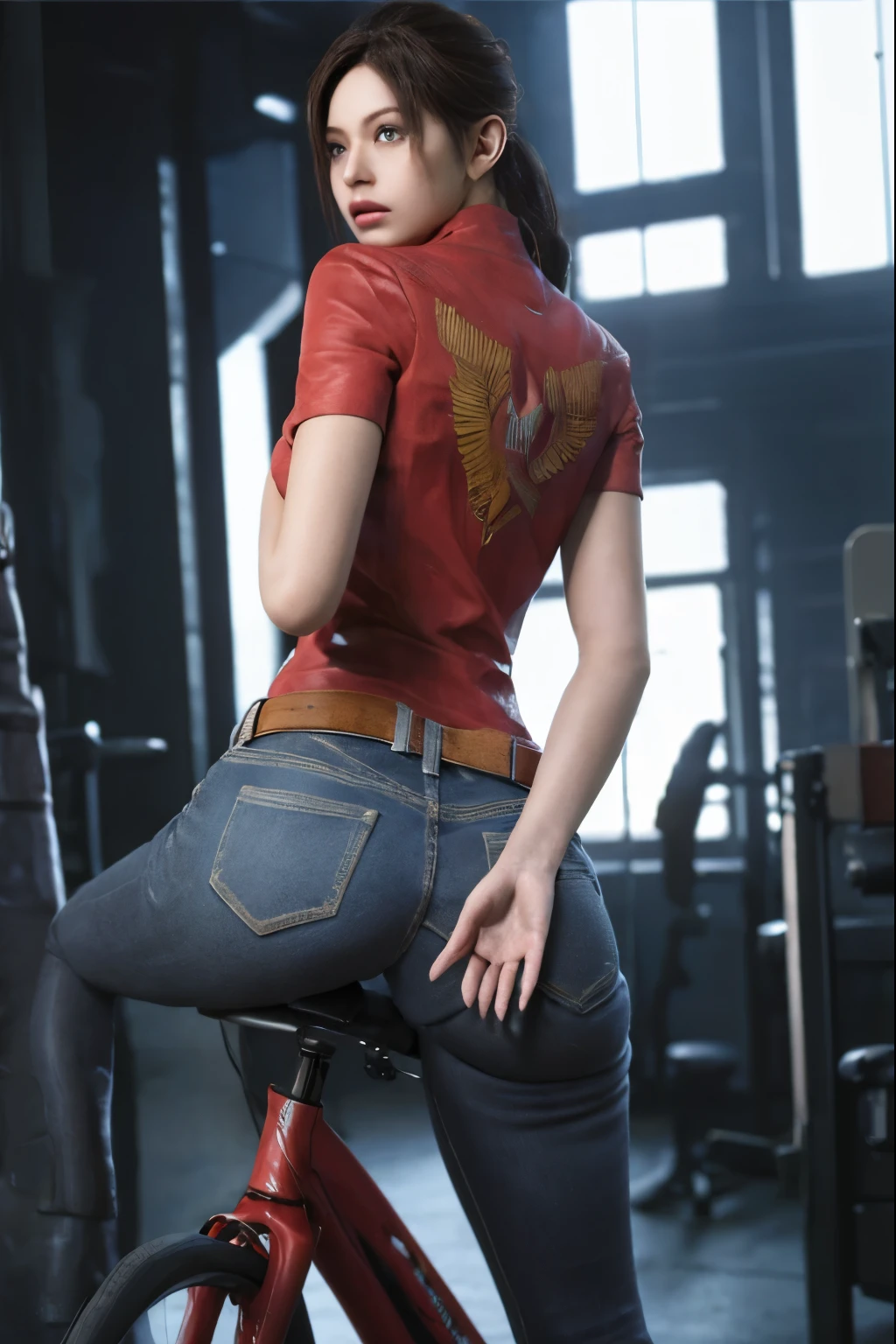(masterpiece quality), 1girl , claireredfield2, wear jeans, riding a bike, back