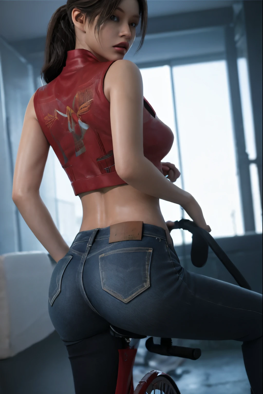 (masterpiece quality), 1girl , claireredfield2, wear jeans, riding a bike, back