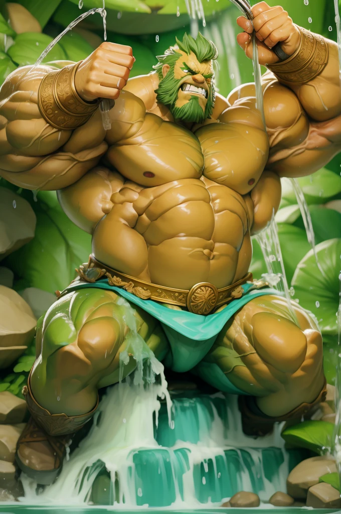 Hulk, muscular,, mad, throne,at waterfall,take shower,grow
